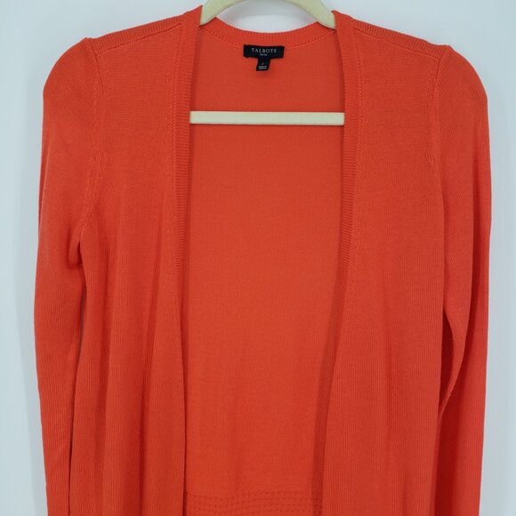 Talbots Fringe Trim Open Front Cardigan Sweater XSP Open Crochet Knit Orange - Picture 4 of 9